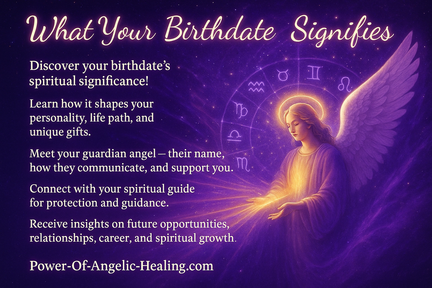 have it so it reads like this: Discover your birthdate's spiritual significance!
Learn how it shapes your personality, life path, and unique gifts.
Meet your guardian angel - their name, how they communicate, and support you.
Connect with your spiritual guide for protection and guidance.
Receive insights on future opportunities, relationships, career, and spiritual growth.
Power-Of-Angelic-Healing.com