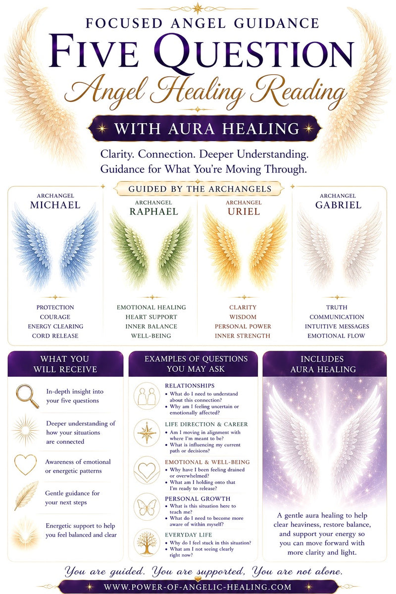 Five Question Angel Healing Reading with Aura Healing.  Deep Clarity, Expanded Insight & Energetic Support for What You’re Moving Through