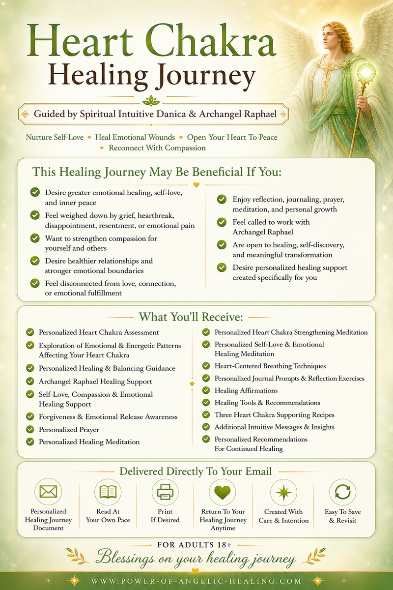 Heart Chakra Healing Journey. Nurture Self-Love • Heal Emotional Wounds • Open Your Heart To Peace • Reconnect With Compassion. Guided by Spiritual Intuitive Danica & Archangel Raphael.