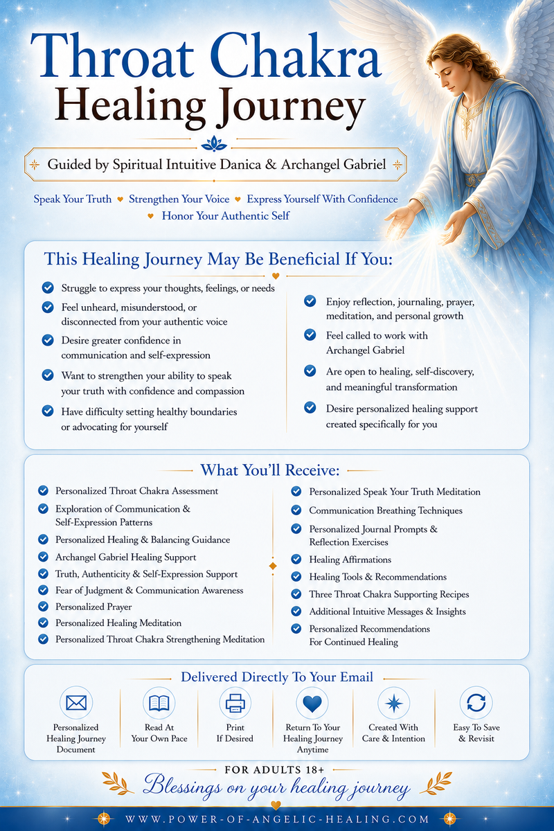 Throat Chakra Healing Journey. Speak Your Truth • Strengthen Your Voice • Express Yourself With Confidence • Honor Your Authentic Self. Guided by Spiritual Intuitive Danica & Archangel Gabriel.