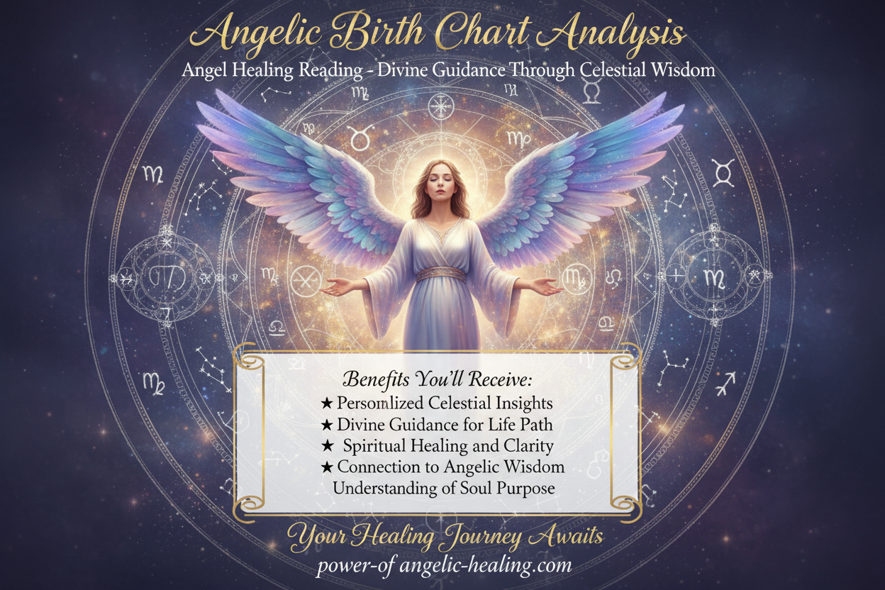 Angelic Birth Chart Analysis. Angel Healing Reading - Divine Guidance Through Celestial Wisdom. (put healing angel sending healing to that tittle) in the middle put benefits what my client will receive by purchasing this reading. on bottom put Your Healing Journey Awaits. Put website name on bottom. (make everything cohesive with website)