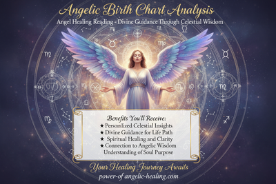 Angelic Birth Chart Analysis. Angel Healing Reading - Divine Guidance Through Celestial Wisdom. (put healing angel sending healing to that tittle) in the middle put benefits what my client will receive by purchasing this reading. on bottom put Your Healing Journey Awaits. Put website name on bottom. (make everything cohesive with website)