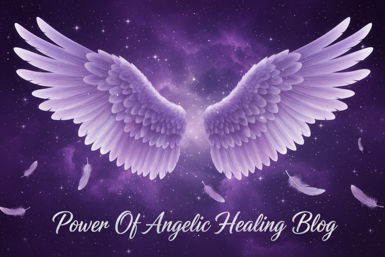 in the background put purple with lots of sparkles. in front put big lavender angel wings with angel feathers around the photo. on bottom, put in cursive: Power Of Angelic Healing Blog