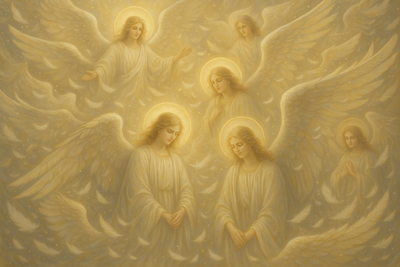 make a pictures of divine angels. lots of angels wings and feathers in the background 