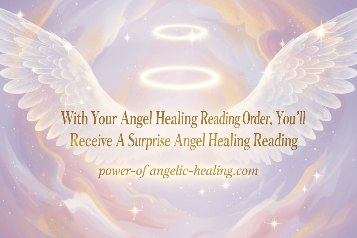 make a sale promo for website. put in bold: With Your Angel Healing Reading Order, You'll Receive A Surprise Angel Healing Reading. put website name on bottom. (make it professional, cohsive with website and angelic) 