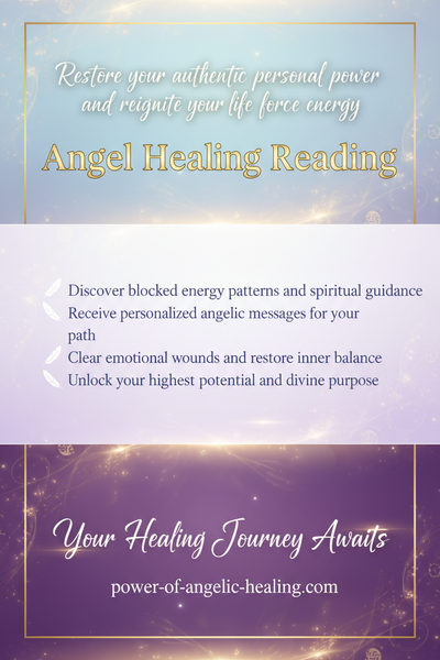 On top put: Restore your authentic personal power and reignite your life force energy. Angel Healing Reading. In the middle put what this reading signifies and concise benefits. on bottom put: Your Healing Journey Awaits. Put website name on bottom. (make it look cohesive with website, professional and concise)