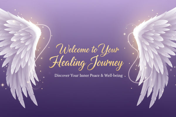 put a healing message welcoming my customer my website. put angel wings and purple background. make everything cohesive with website. 