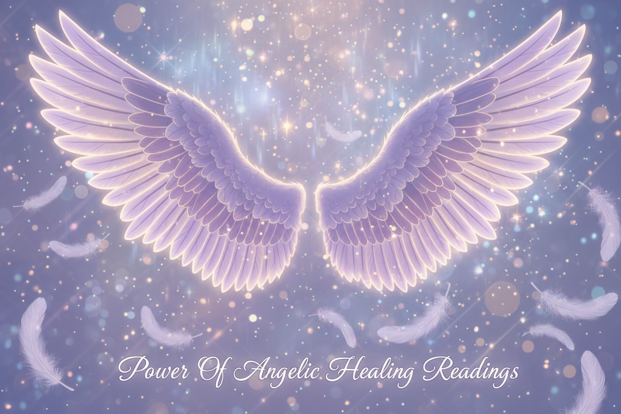 put a sparkling background in front put lavender angels wings with angel feathers around the image. on bottom in cursive put Power Of Angelic Healing Readings