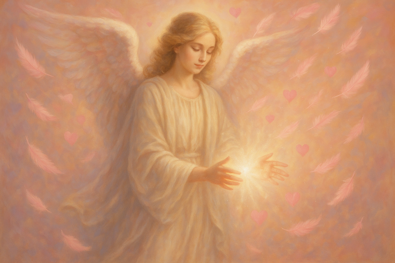 put angel sending healing with hearts and pink angel feathers around her
