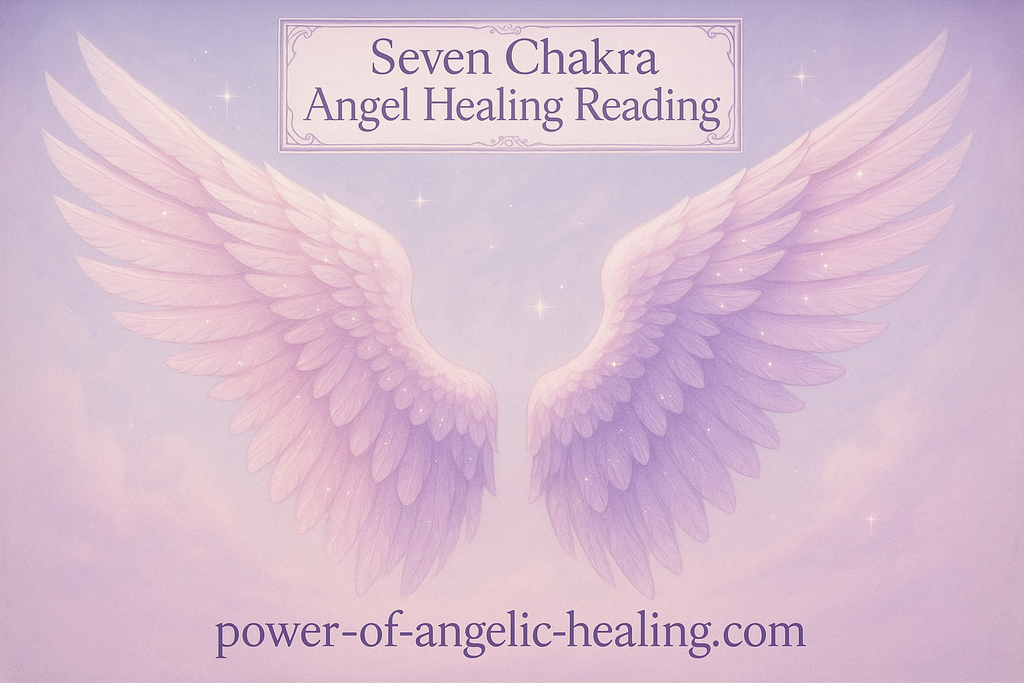 Put angel wings pink and purple with white sparkles. Put a box on top of the image. In the box put Seven Chakra Angel Healing Reading. Put website name on bottom. 