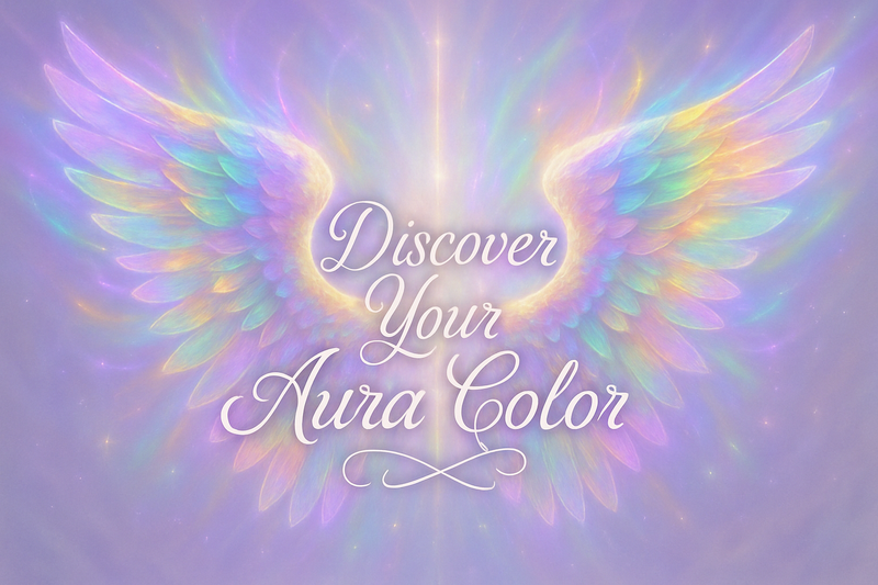 put angel wings with aura colors. in the middle with cursive put Discover Your Aura Color 