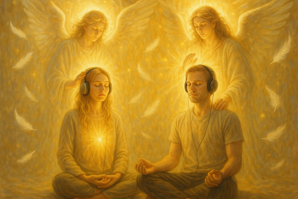 put angels sending healing to a female and male both mediating. both blonde hair as they have headphones. put healing energy in the background angel angel feathers, 