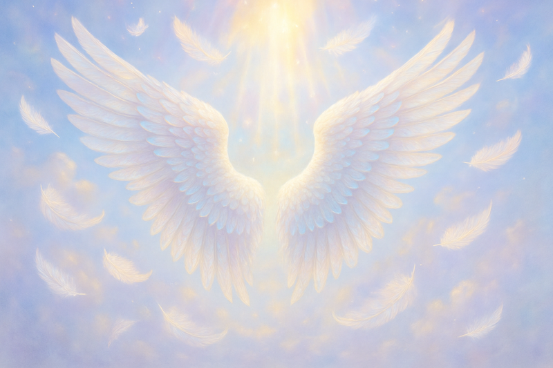 put angels wings with healing colors and angel feathers in the photo. make everything look angelic