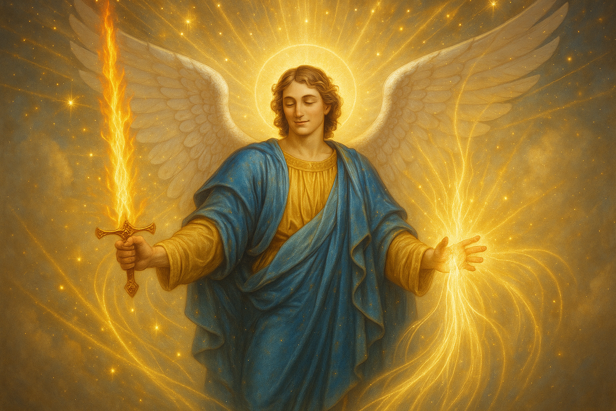 put archangel Michael holding a flaming sword. with his hands put so healing is coming out of them. make the angel look content. put allot of healing energy around him 