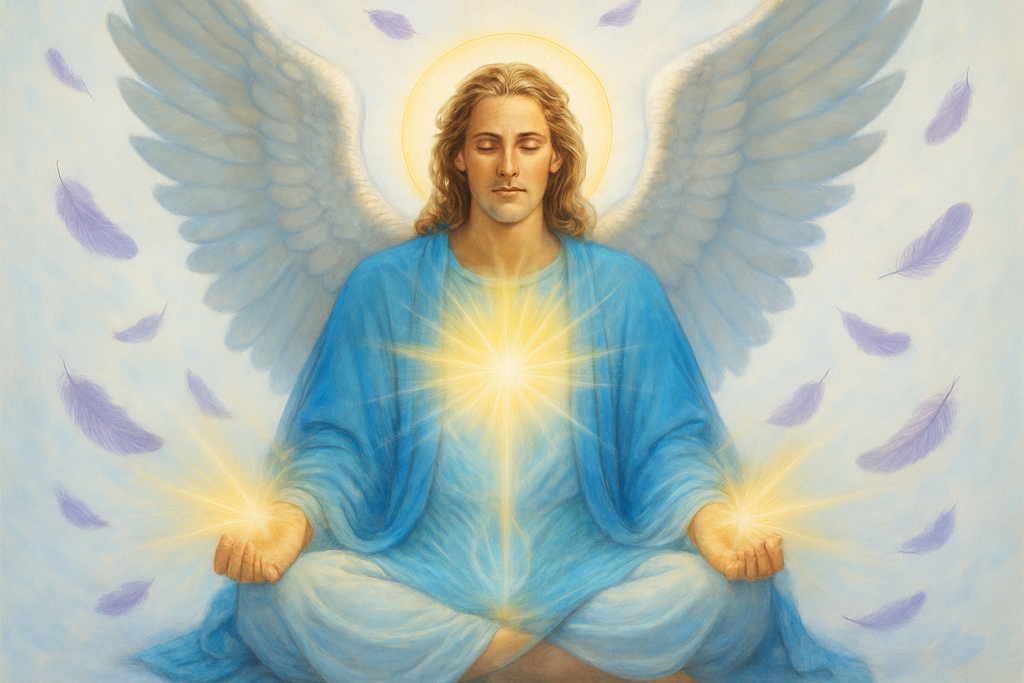 put Archangel Michael looking zen sending healing to my website. put purple angel feathers in a white background. 