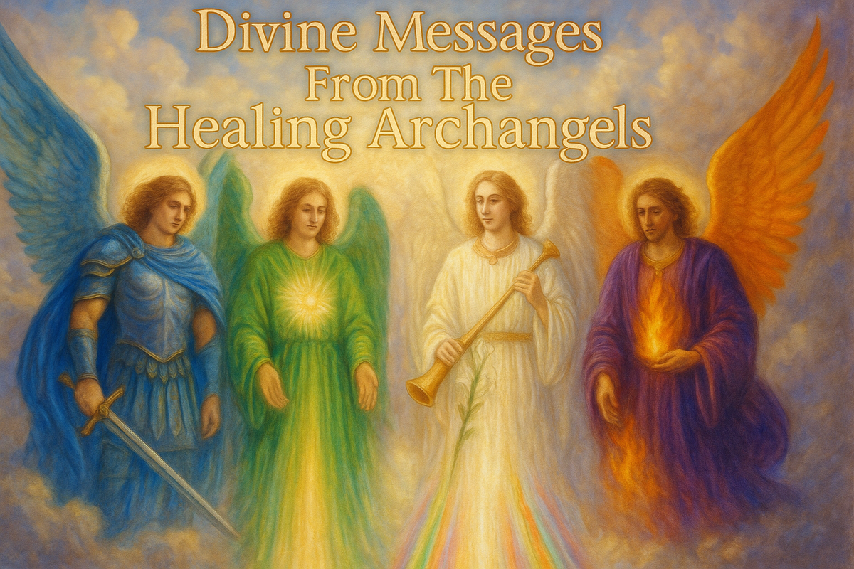 put archangels Michael, Raphael, Gabriel, Uriel sending healing. on top put Divine Messages From The Healing Archangels