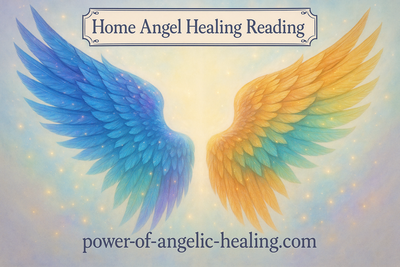 Put blue, purple, green, orange angel wings with sparkles. Put a box on top of image. In the box put Home Angel Healing Reading. Put website name on bottom. 