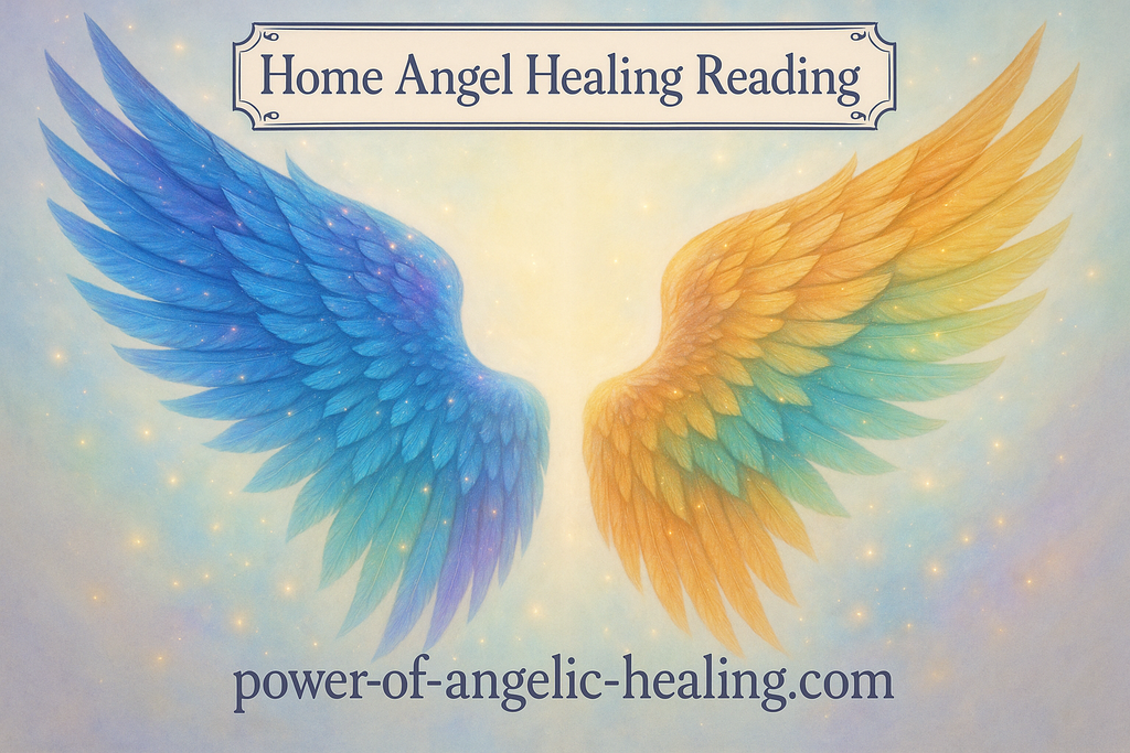 Put blue, purple, green, orange angel wings with sparkles. Put a box on top of image. In the box put Home Angel Healing Reading. Put website name on bottom. 