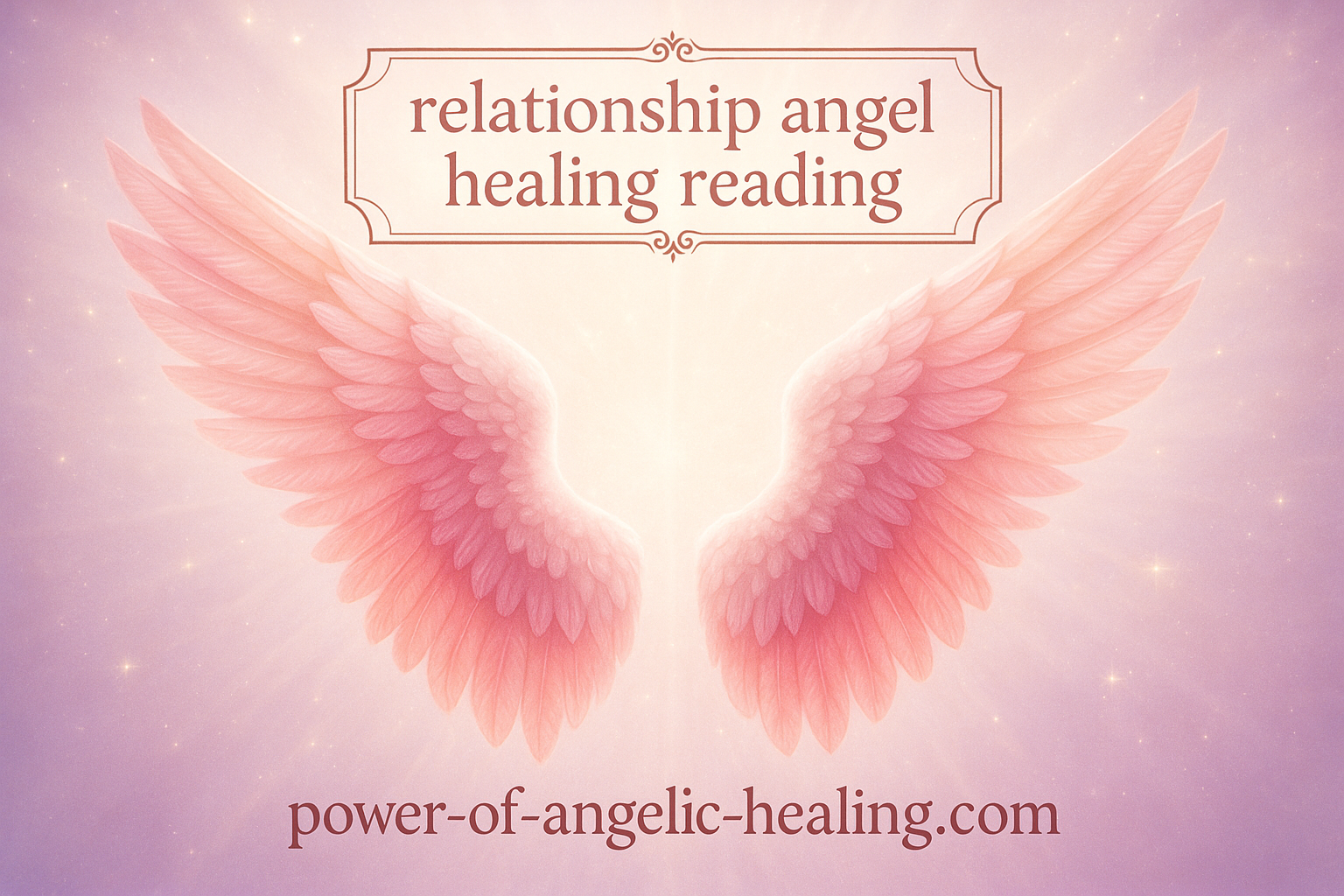Put pink and red angel wings. On top put a box. In box put relationship angel healing reading. On bottom put website name. 