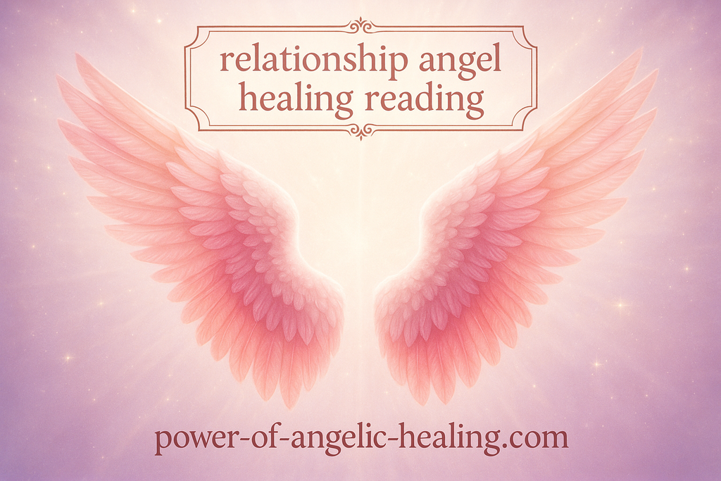 Put pink and red angel wings. On top put a box. In box put relationship angel healing reading. On bottom put website name. 