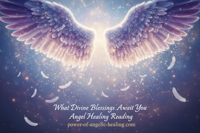 Put purple, lavender, white angel wings with white feathers falling from the wings. Put sparkling effects around the wings. On bottom put: What Divine Blessings Await You. Angel Healing Reading. Put website on bottom. 