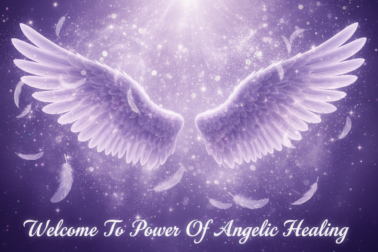 put purple sparkling background. in front put big lavender angel wings. around them put angel feathers. on bottom write in cursive: Welcome To Power Of Angelic Healing