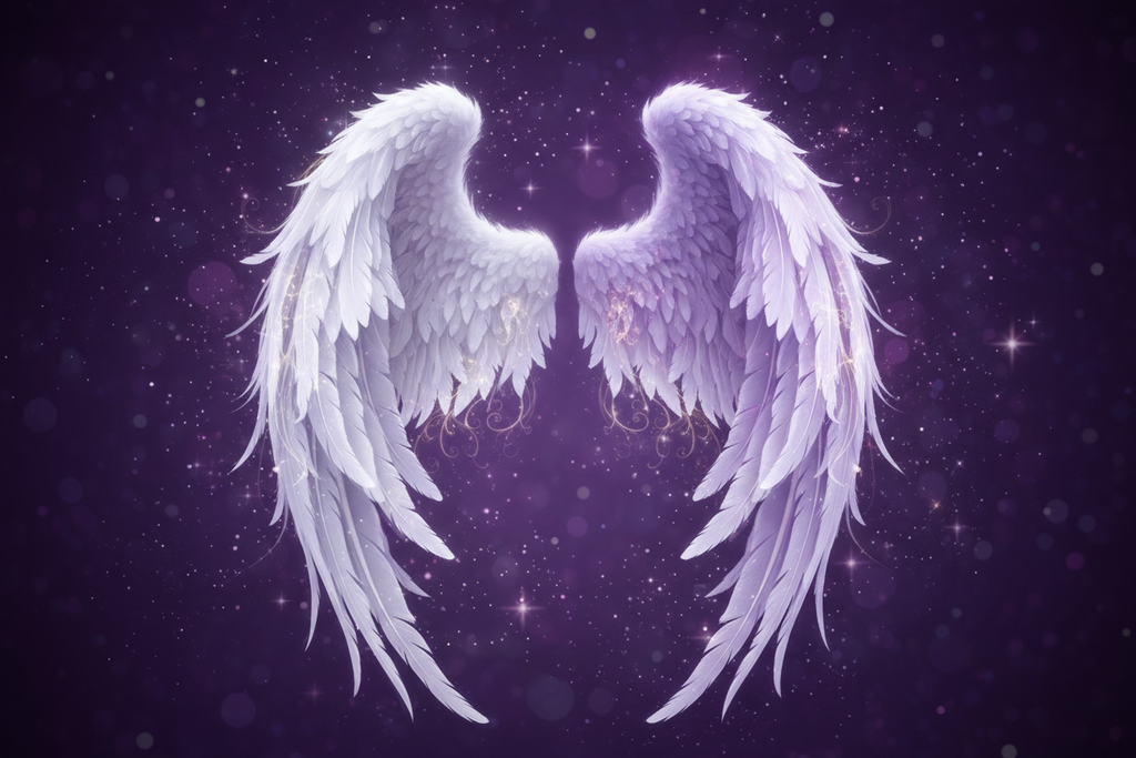 put purple sparkling background with white and lilac angel wings