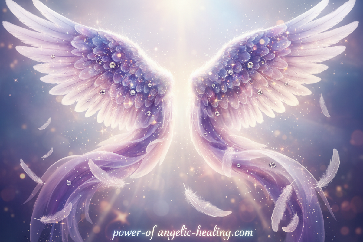 put purple, white and lavender angels wings with lots of sparkles and angel feathers falling from them. put website on bottom. 