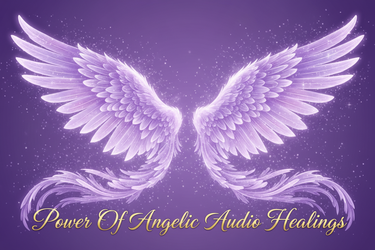 put sparkling purple background with big lavender wings. on bottom in cursive put Power Of Angelic Audio Healings 
