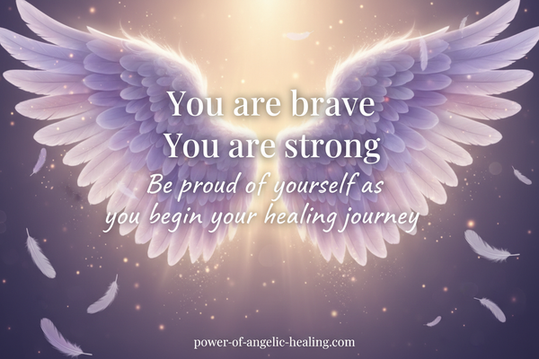 put the wording in a different strong. put violet, lavender and white angel wings and feathers falling. 