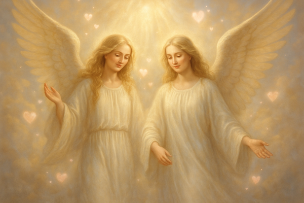 put two blonde angels with big angelic wings. put love and light around them. make them look serene. 