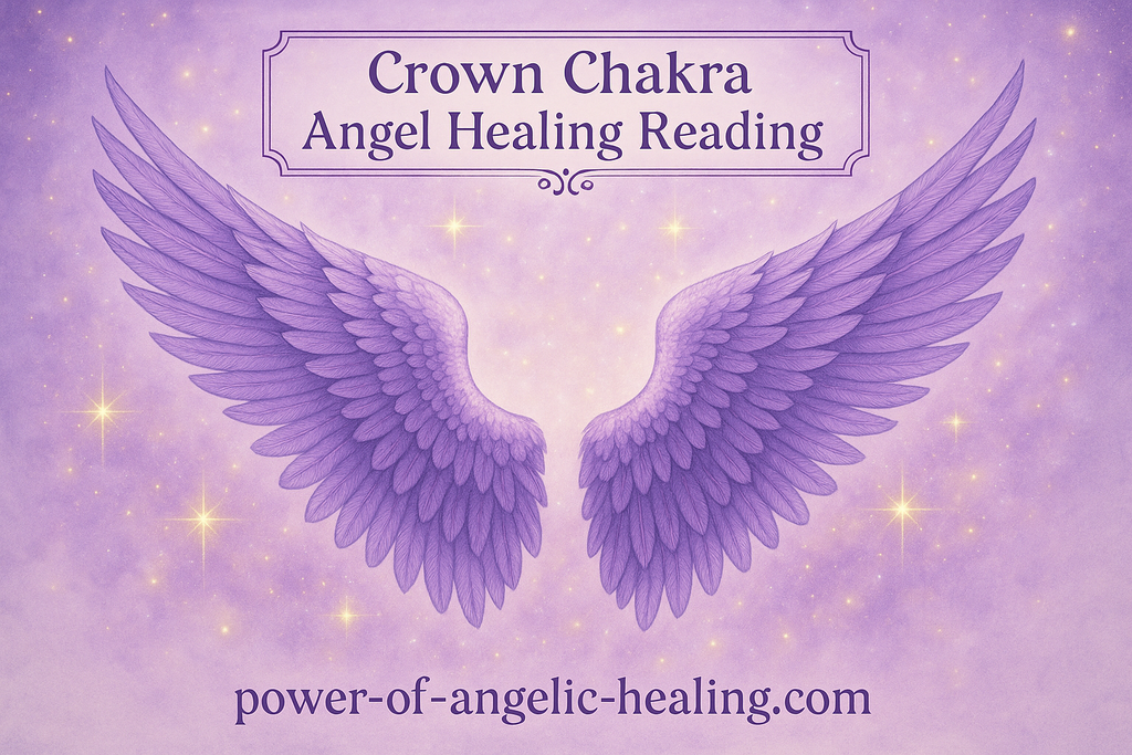 Put violet angel wings. Put sparkles on the image. On top of the image put a box. In the box put. Crown Chakra. Angel Healing Reading. Put website name on bottom. 