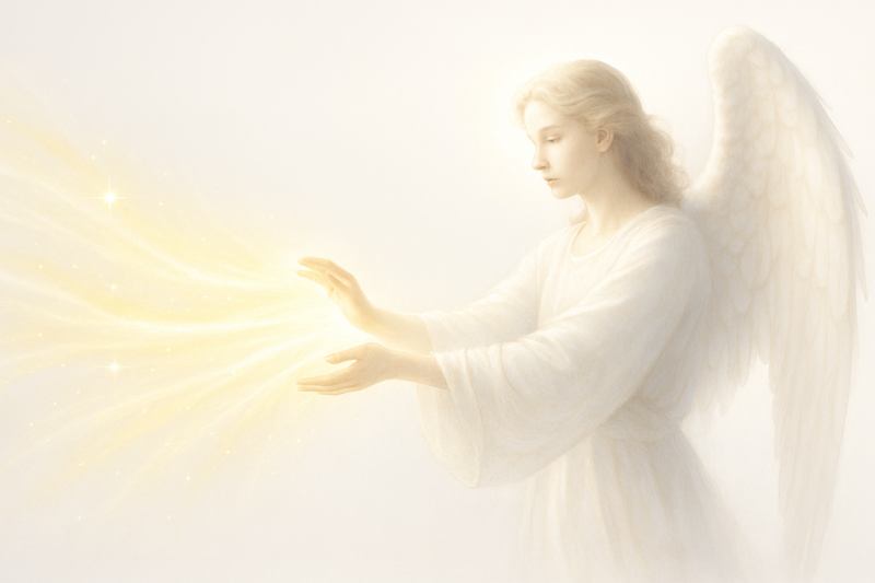 put white background. put healing angel sending healing to left side. make everything angelic. 