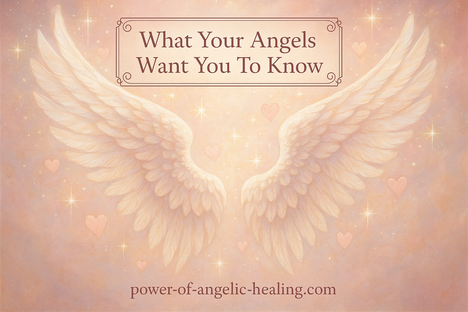 put white, pink and golden angel wings with sparkles and hearts around the image. put a box on top of image. in the box put What Your Angels Want You To Know. put website name on bottom.